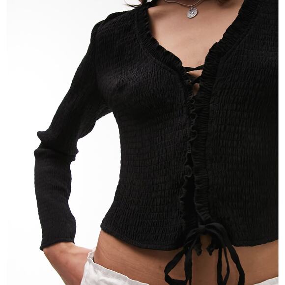 Topshop Women’s 6 Black Lace up Textured Smocked Long Sleeve V-neck shirt Goth - Picture 10 of 10